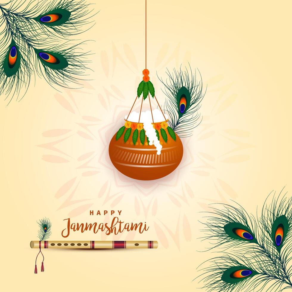 Happy Janmashtami Festival Greeting Card with Dahi Handi, Peacock Feather and Flute Design vector