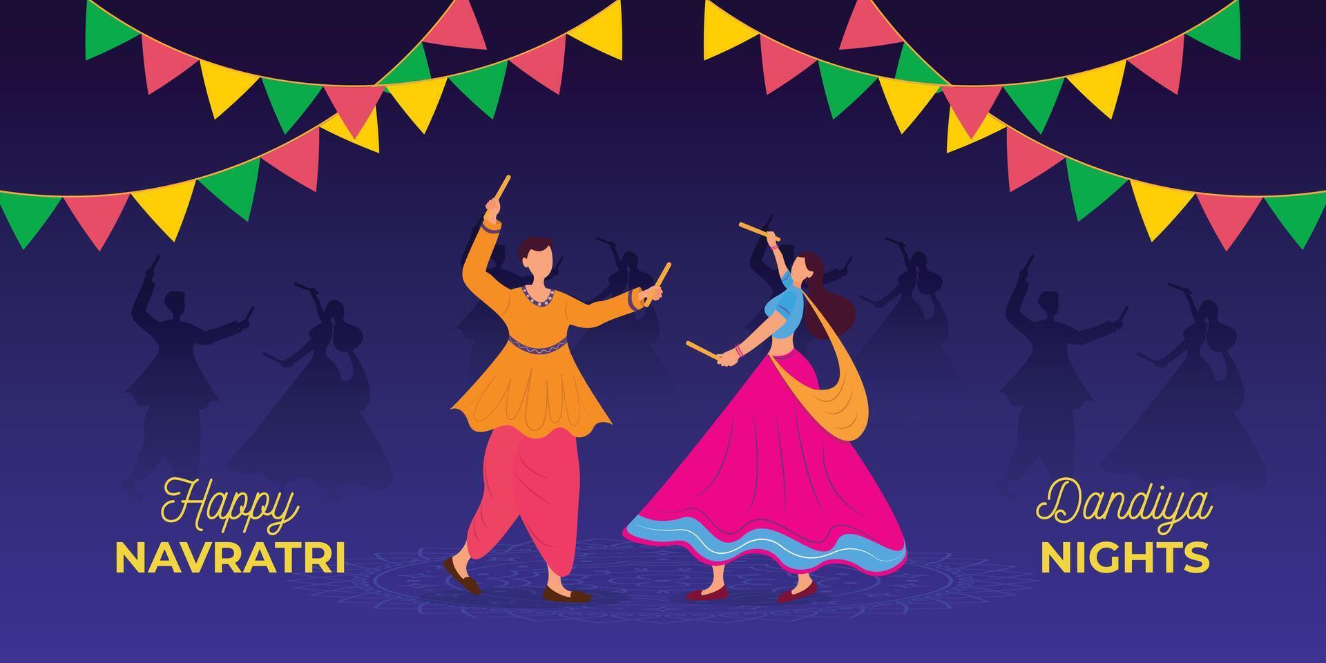 Dandiya nights dancing couple at navratri festival durga puja background banner design vector