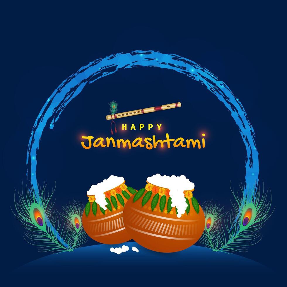 Shree Krishna Janmashtami Greeting Card with Decorate Makhan Matki and Flute Design vector