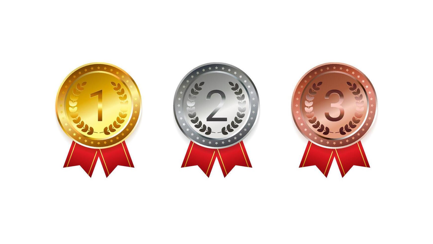 Set of gold, silver and bronze medals with red ribbons isolated vectorillustration vector