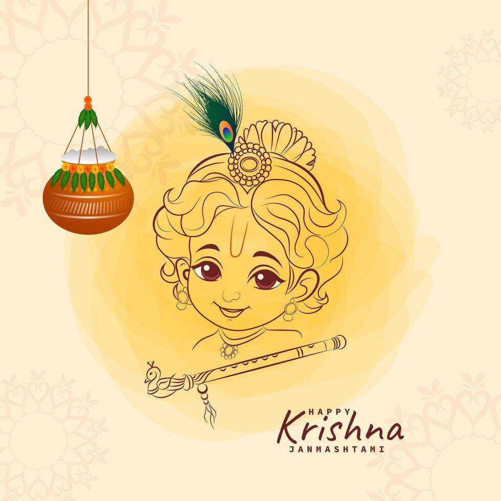Happy Janmashtami Festival Greeting Card with Little Krishna and Flute Line Art Design vector