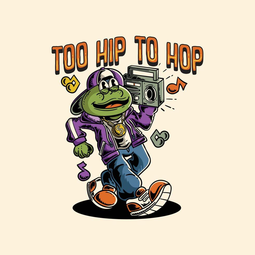 illustration of a rapper frog walking while carrying a radio vector