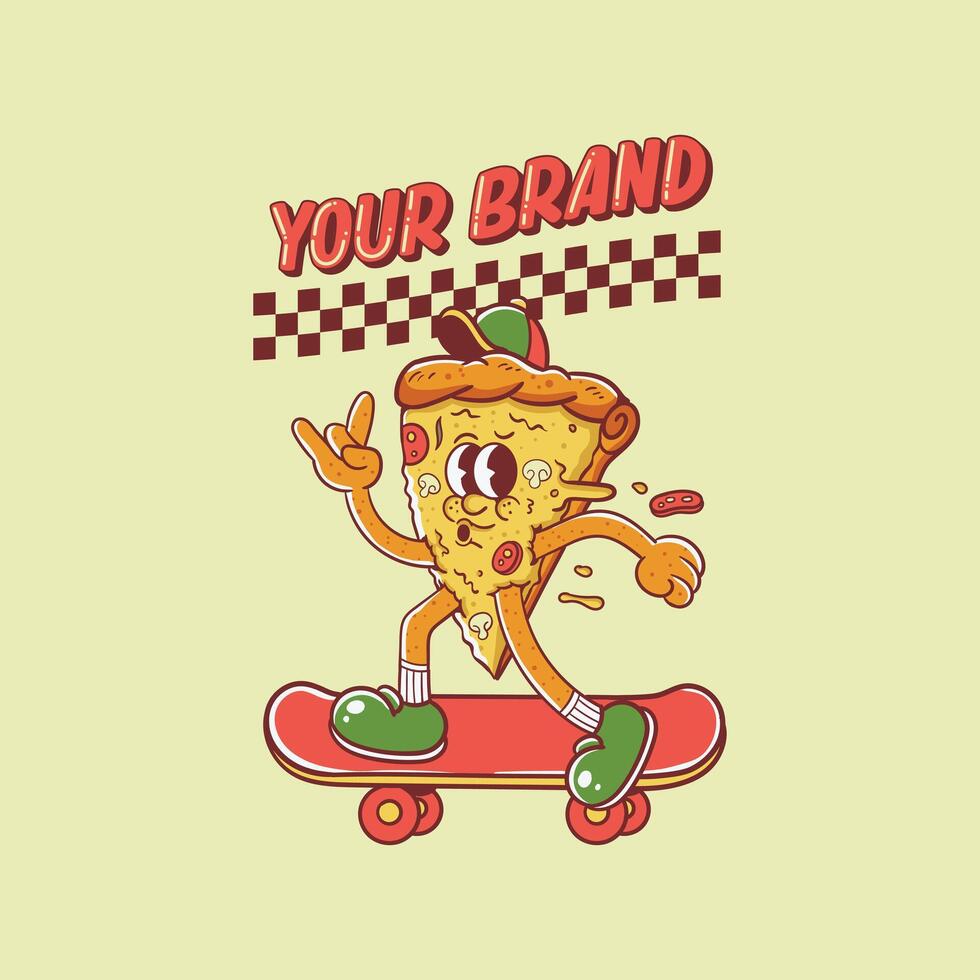 illustration of a cartoon character of a pizza slice skating on a skateboard vector