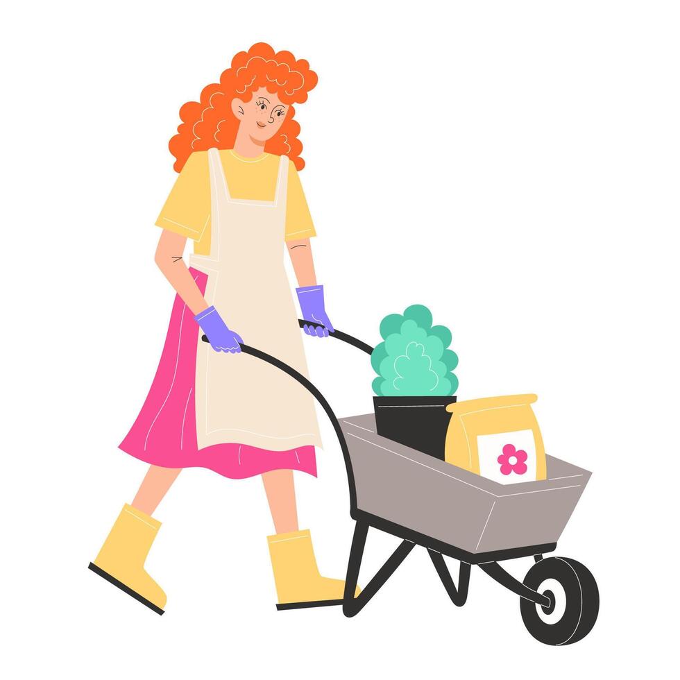 A young woman in garden clothes is carrying a cart with potted plants and fertilizer vector