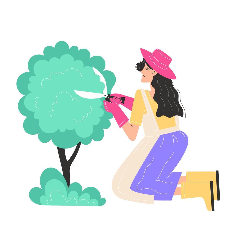 A young woman trims bushes in the garden with garden shears vector