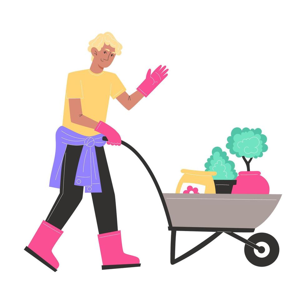 A young man in garden clothes is carrying a cart with potted plants and fertilizer vector