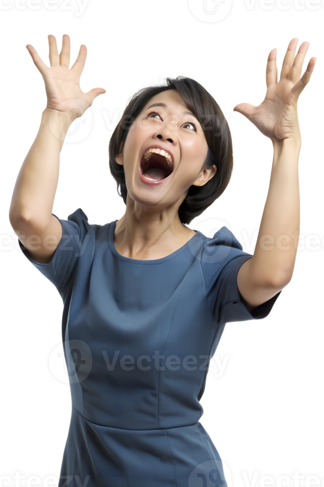 a beautiful japanese women throwing their hands up in the air, eyes rolling, and mouth open in an exasperated sigh, showing frustration, isolated on a transparent background png