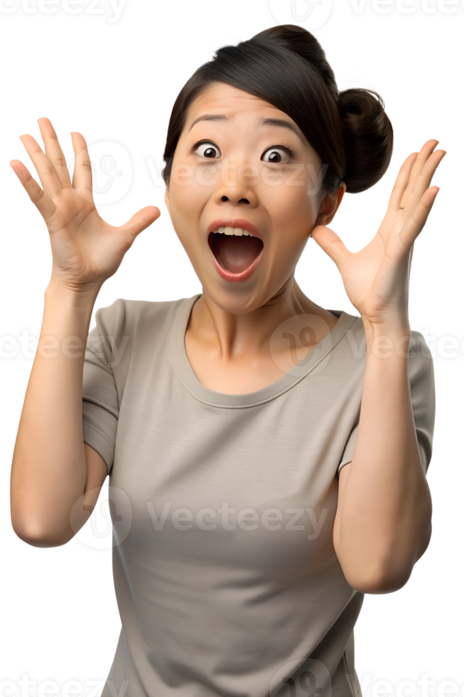 a beautiful japanese women throwing their hands up in the air, eyes rolling, and mouth open in an exasperated sigh, showing frustration, isolated on a transparent background png