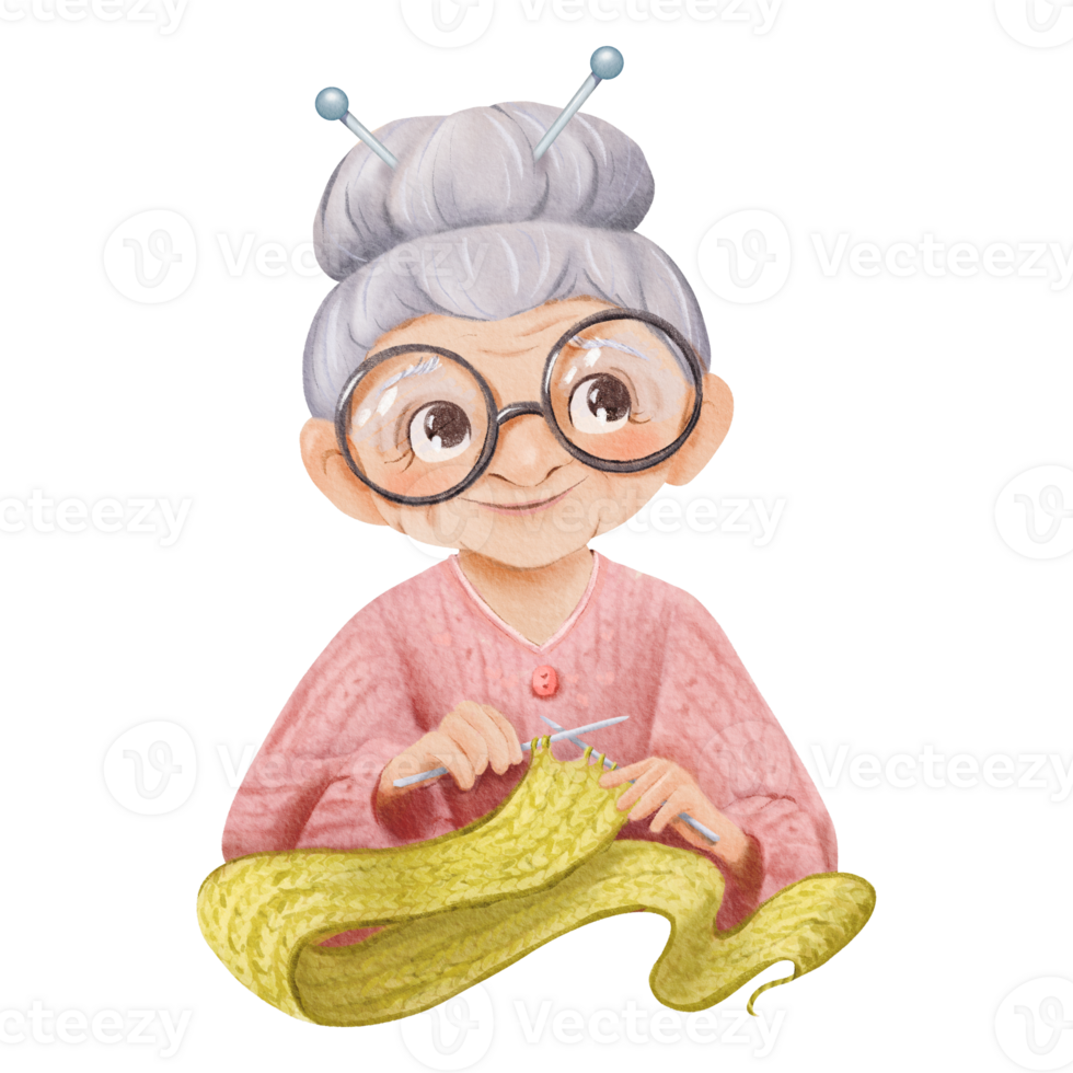 A watercolor children's illustration a grandmother knitting. wears glasses and her hair in a bun. an elderly woman knitting a scarf, for storytelling educational materials or nostalgic-themed designs png