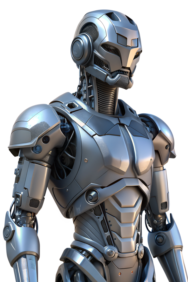 Highly detailed 3D render of a futuristic humanoid robot featuring sleek metallic armor. png