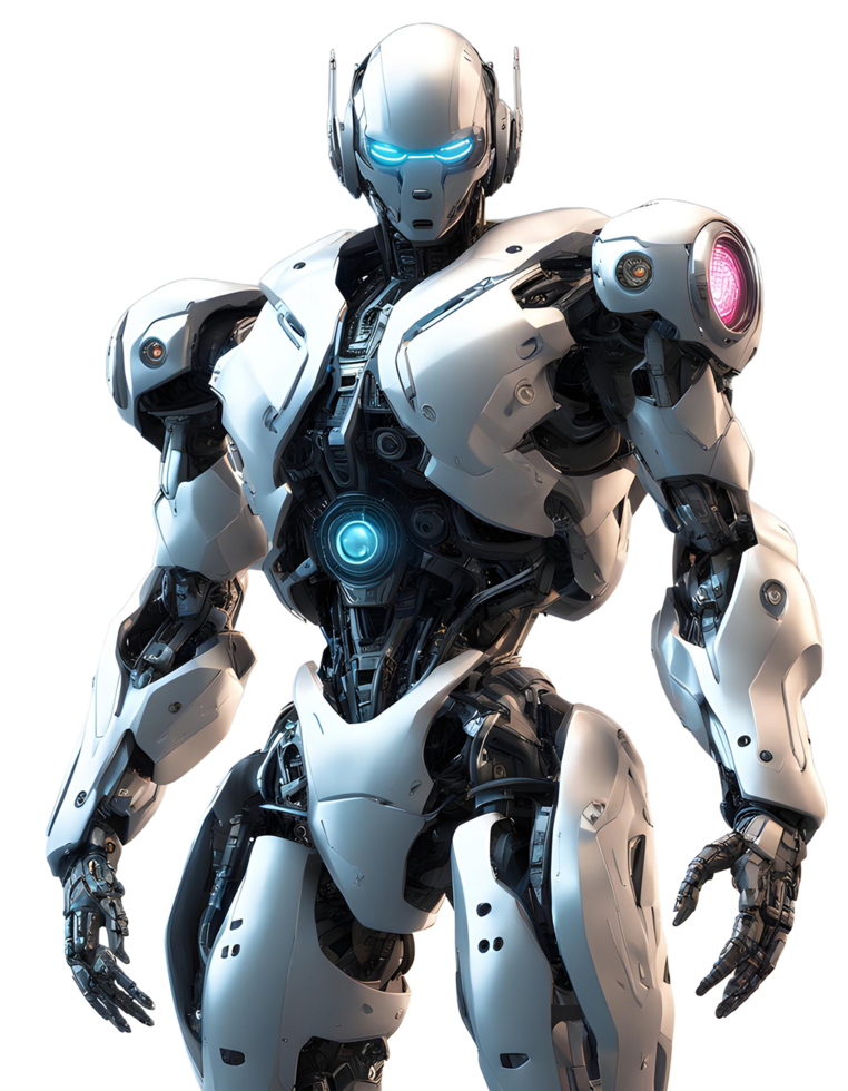 Humanoid Robot on Transparent Background. Highly detailed 3D render of a futuristic white humanoid robot with a dynamic pose. png