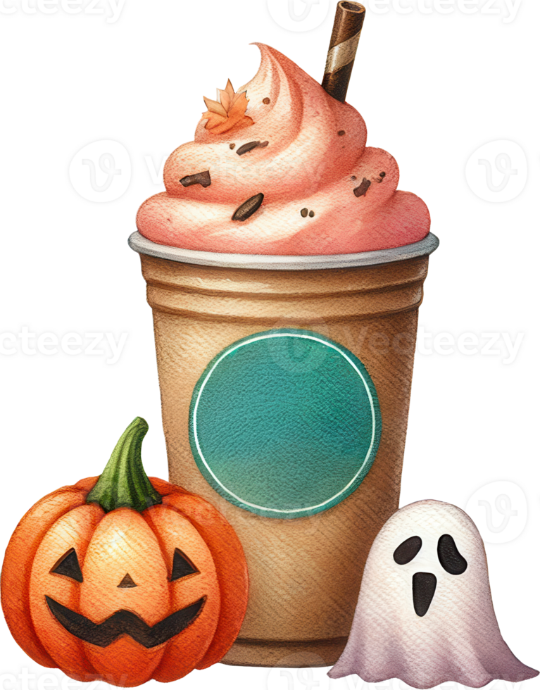Halloween drink with pumpkin and ghost decorations png