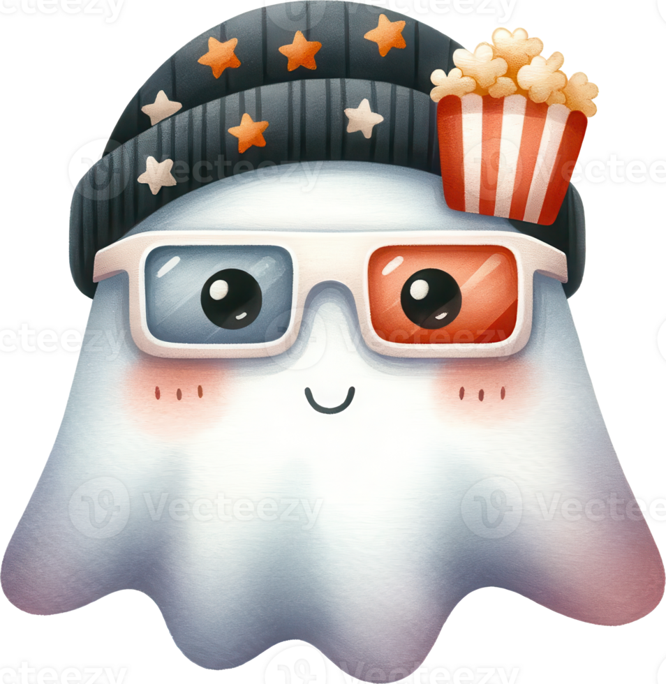 Halloween Ghost wearing 3D glasses with popcorn png