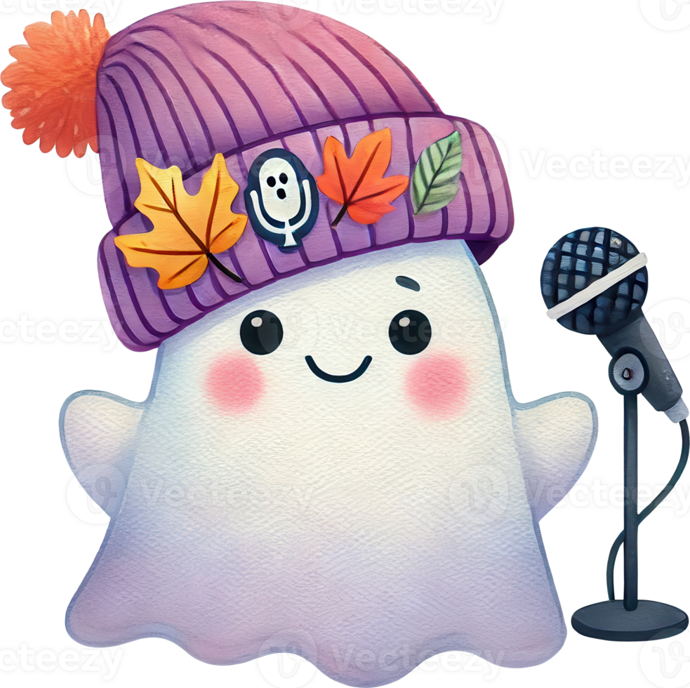 Halloween ghost with microphone and autumn hat png