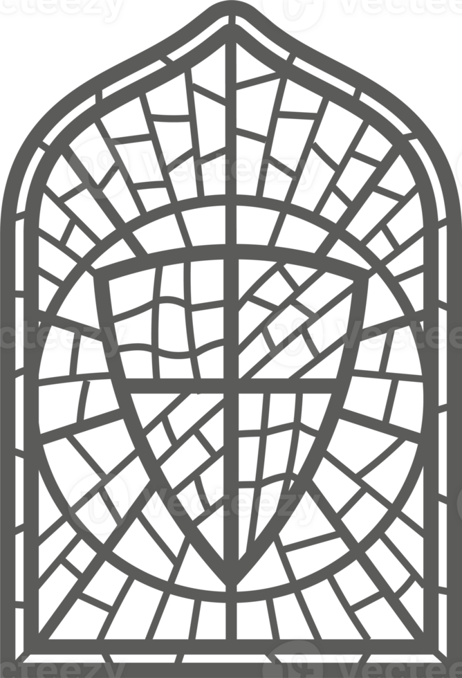 Church glass window. Gothic arch frame with medieval symbol. Vintage architecture element. Stained mosaic decoration with shield png