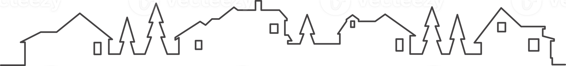 Town and village houses on skyline. Silhouette line of small buildings in neighborhood. Christmas rural simple drawing. Winter country landscape with trees png