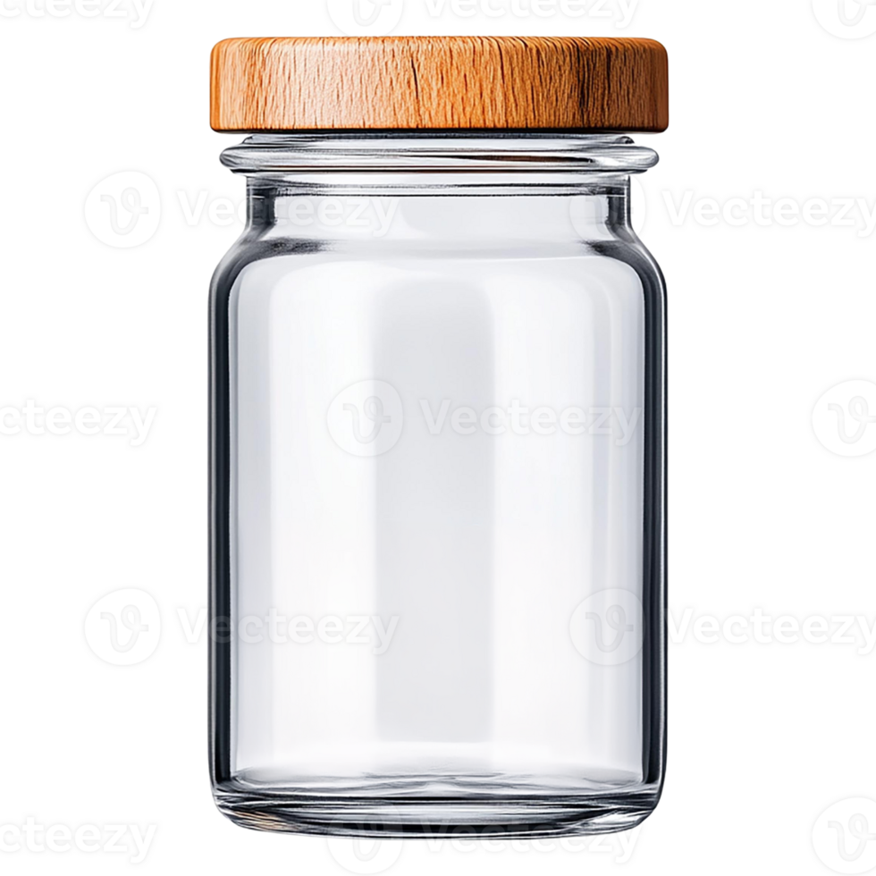Clear glass jar with wooden lid, perfect for storage or decoration in kitchens and living spaces. png