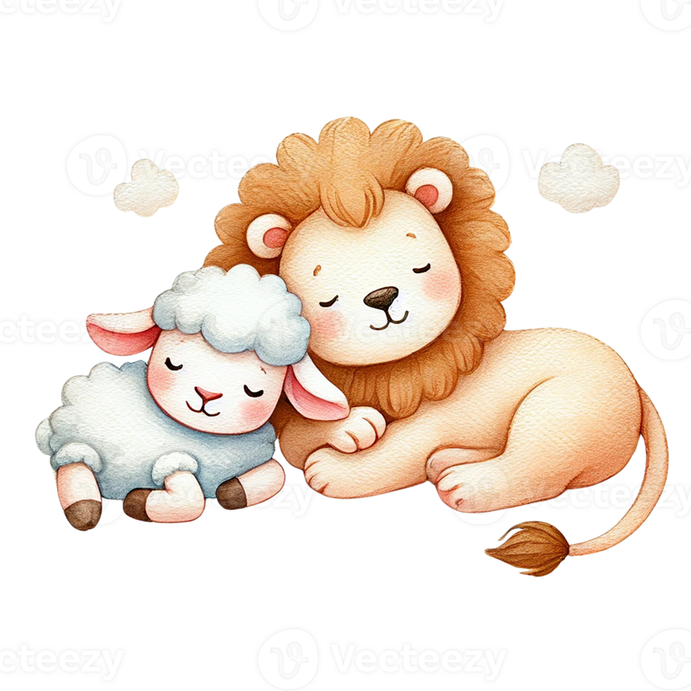 A cute illustration of a lion and a sheep peacefully sleeping together, symbolizing friendship png