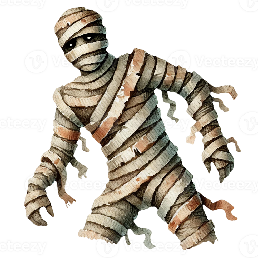A mystical mummy emerges from the shadows with tattered bandages png