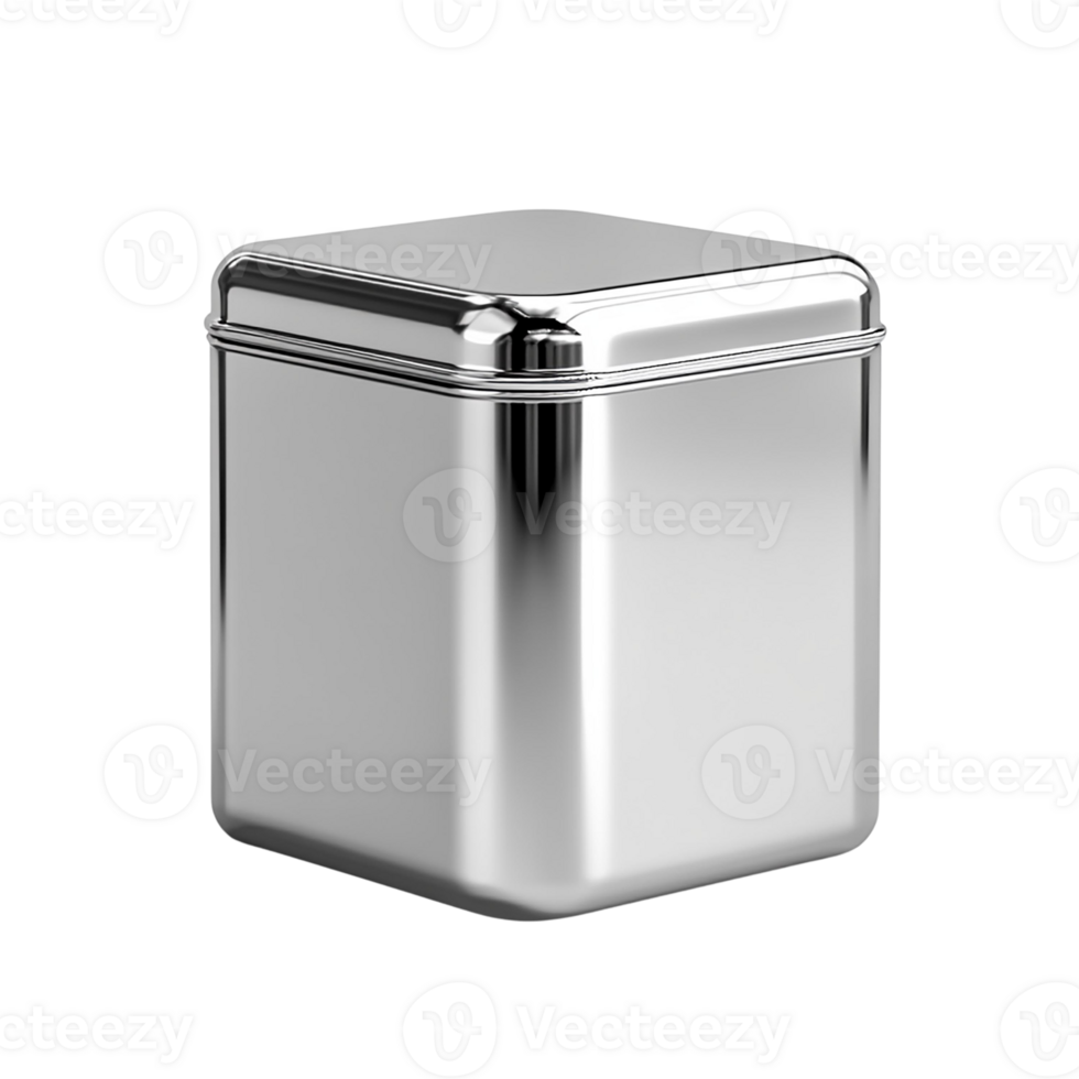 A sleek, shiny stainless steel container with a square shape, ideal for storage and organization in modern kitchens and offices. png