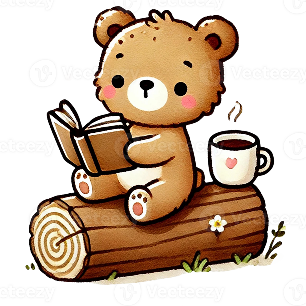 Cute bear reading a book while sitting on a log, with a cup of coffee, showcasing a cozy, whimsical woodland scene. illustration png