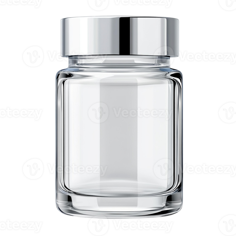 Clear glass jar with a silver lid, perfect for storing spices, condiments, or decorative items in any kitchen or pantry. png
