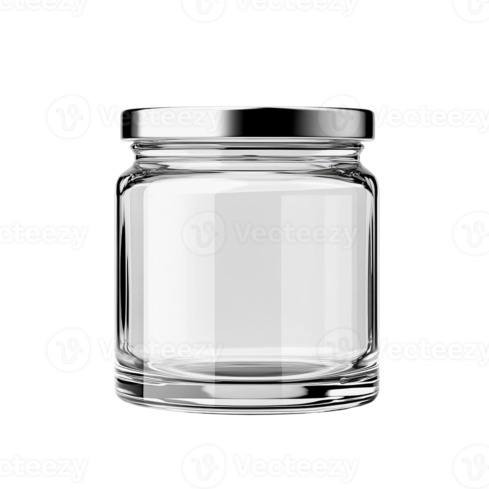 A clear glass jar with a metallic lid, perfect for storage solutions or decorative purposes in any kitchen or home. png