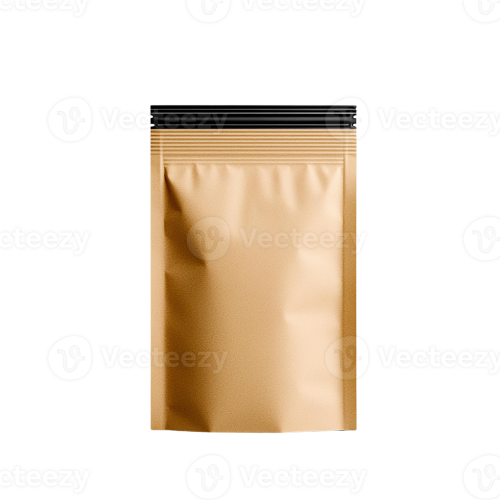 A sleek, empty gold pouch with a black resealable top, perfect for packaging various products or snacks for a stylish presentation. file png