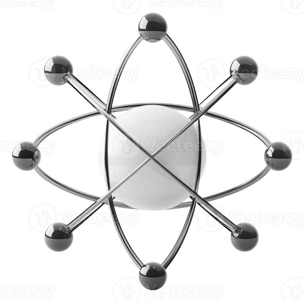 3D model of an atom with a central nucleus and orbiting electrons, illustrating atomic structure in a scientific context, cut out - stock . png