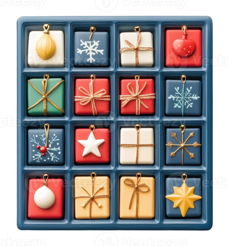 A colorful assortment of decorative holiday chocolates arranged in a festive tray during the Christmas season, cut out - stock . png