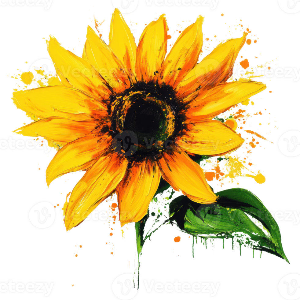 A vibrant sunflower with yellow petals and a dark center, surrounded by splashes of color, cut out - stock . png