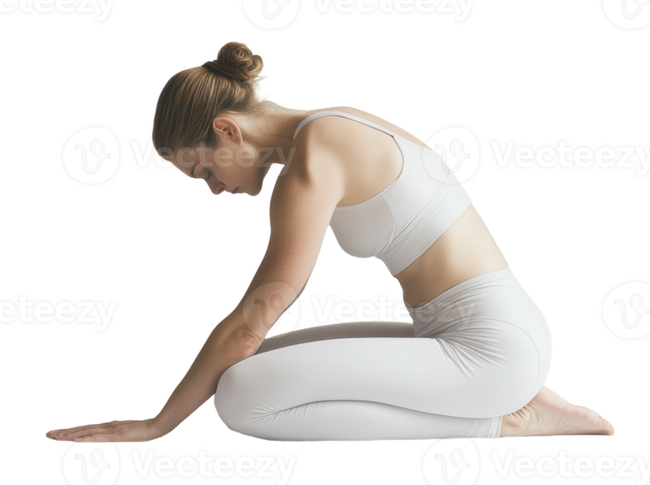 Woman performing a yoga pose indoors during daylight, focused and calm in a minimalistic space, cut out - stock . png