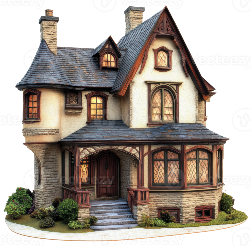 Victorian-style house with intricate architecture and warm lights in the evening, cut out - stock . png