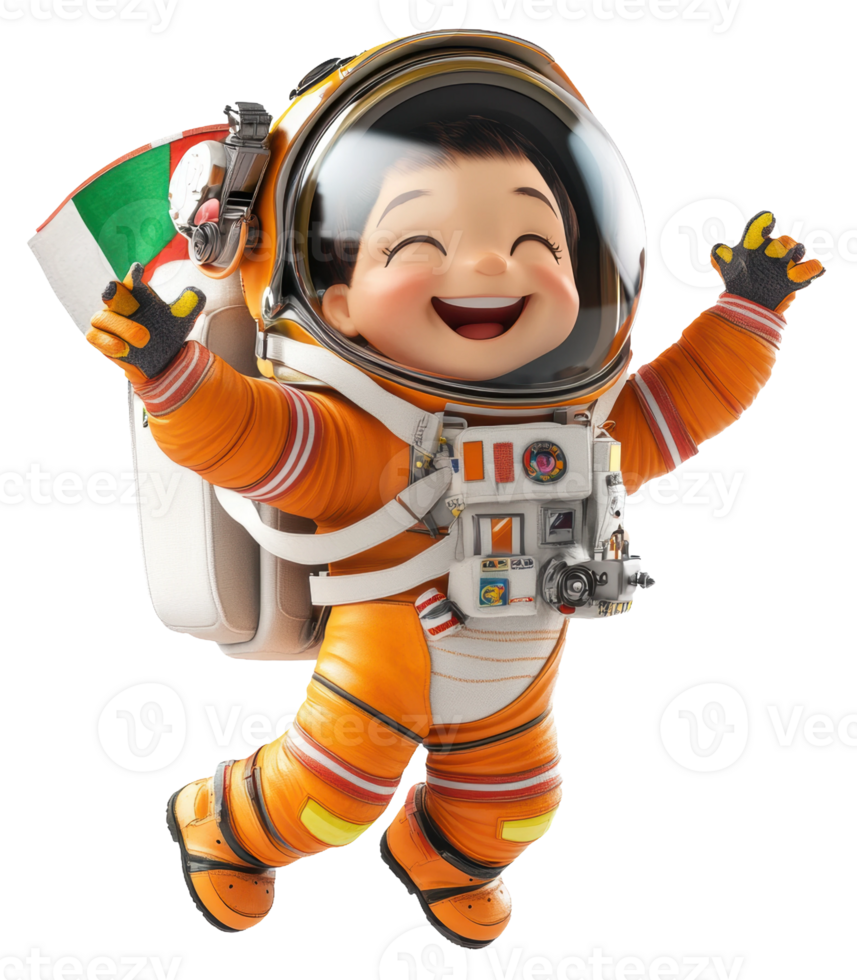 A joyful child astronaut wearing an orange spacesuit celebrates while holding an Italian flag, cut out - stock . png