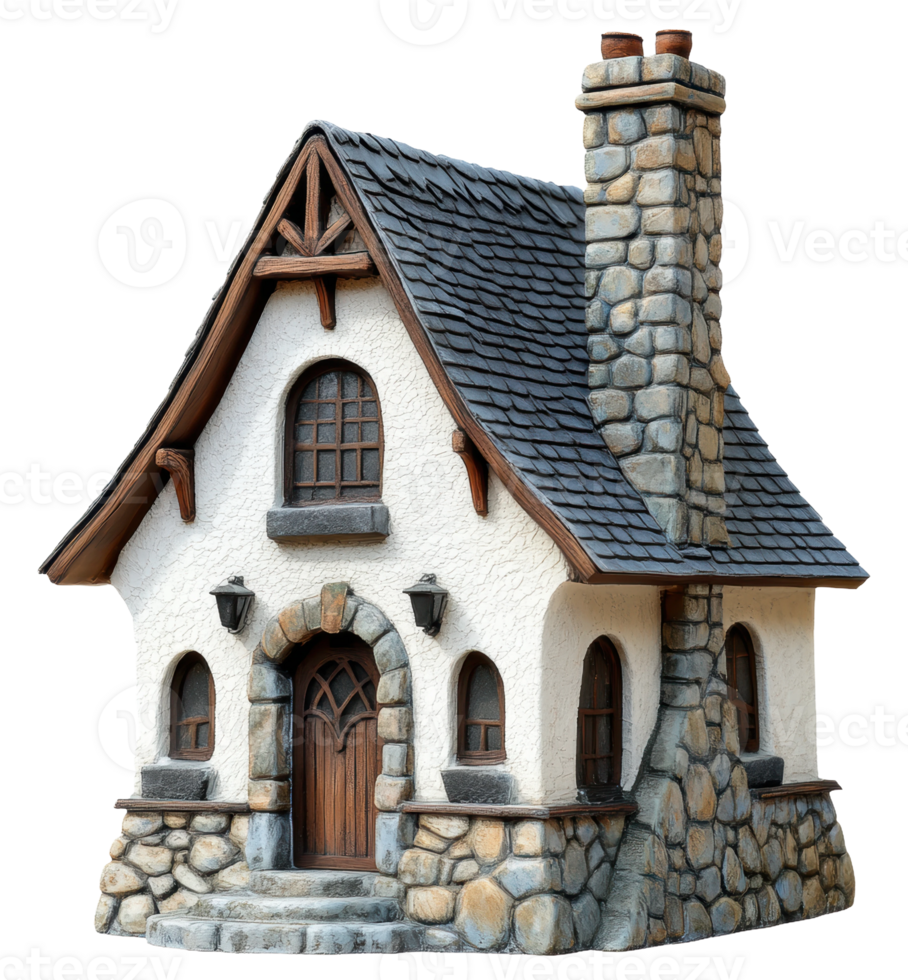 A charming stone cottage with a chimney and wooden door nestled in a peaceful setting, cut out - stock . png