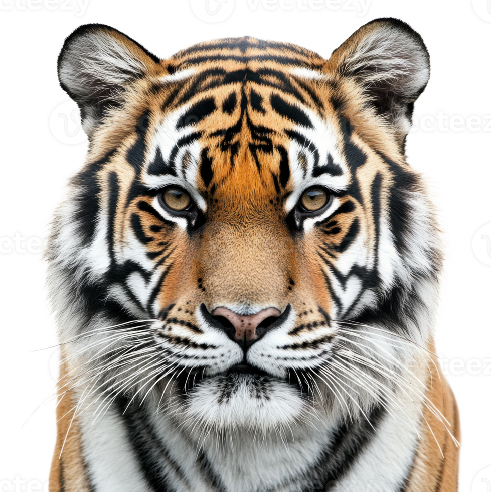 Realistic portrait of a tiger looking directly at the viewer with striking facial features and vivid coloration on a white background, cut out - stock . png