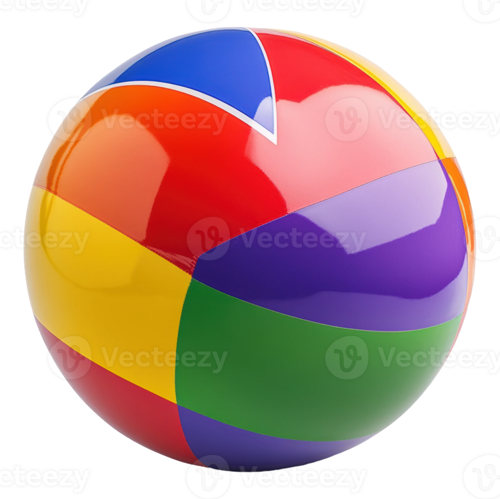 Colorful beach ball resting on a flat surface, showcasing vibrant patterns and colors, perfect for summer fun at the beach, cut out - stock . png
