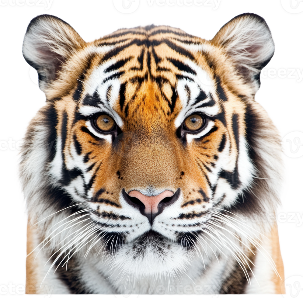 A close-up of a majestic tiger showcasing its striking features and vibrant fur in a natural setting, cut out - stock . png