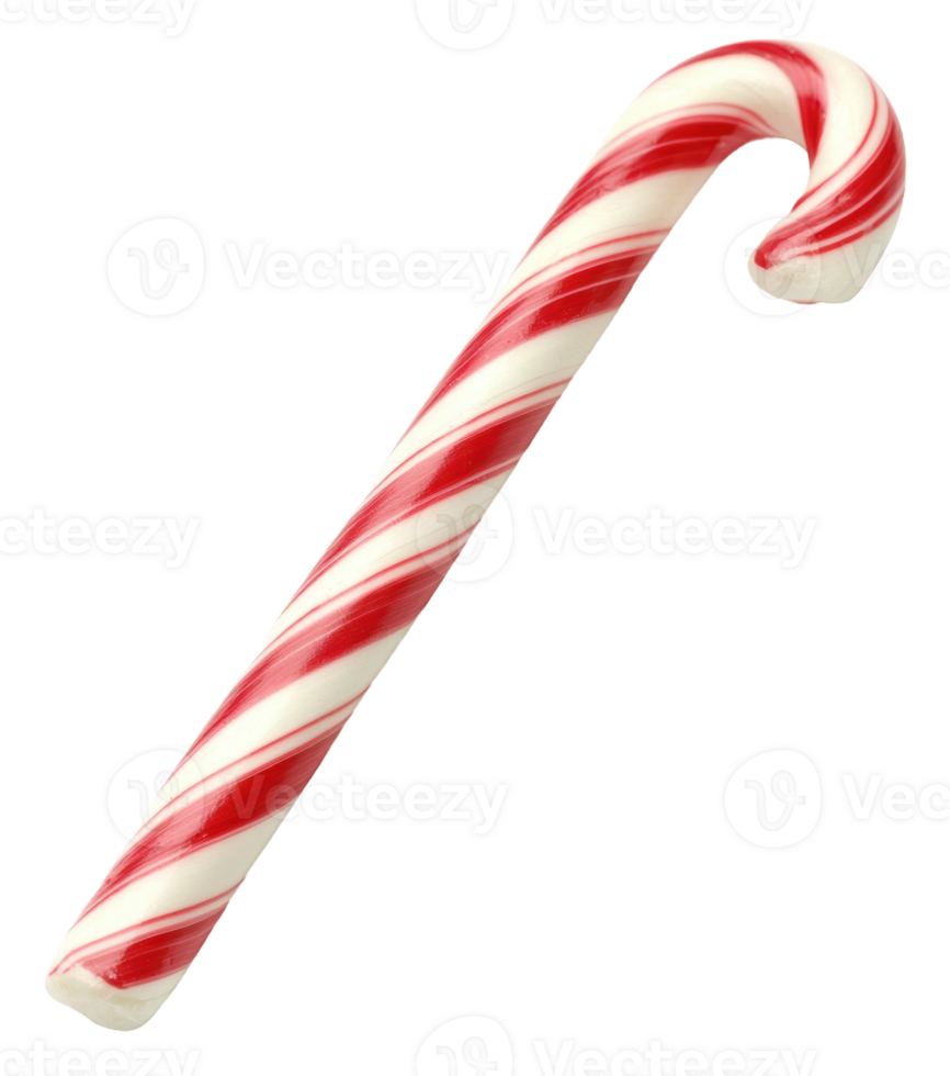 A striped candy cane resting on a flat surface, perfect for holiday decorations and festivities, cut out - stock . png