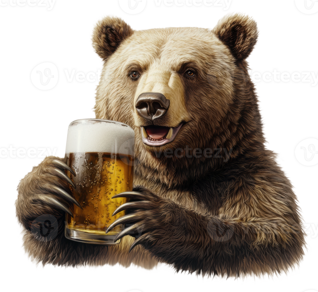 A bear happily holding a pint of beer in a playful setting, reflecting a whimsical take on wildlife and leisure, cut out - stock . png
