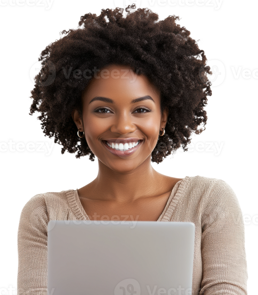 Young woman smiles while working on a laptop at home during the afternoon, cut out - stock . png