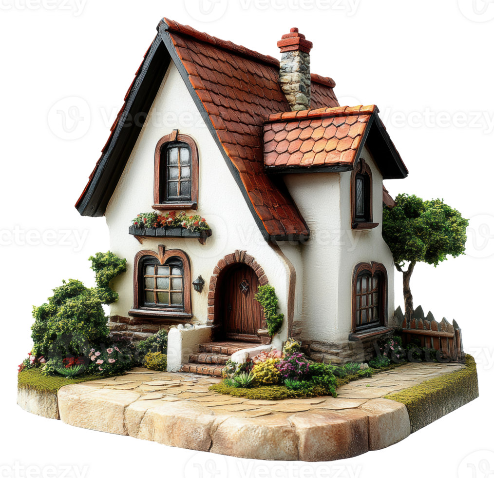 A charming miniature cottage surrounded by colorful flowers and greenery, cut out - stock . png