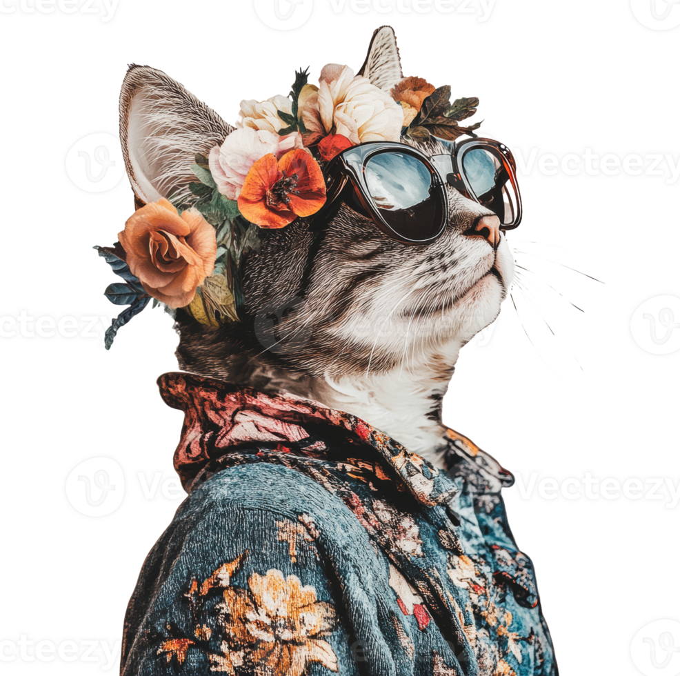 Stylish cat wearing flowers and sunglasses indoors png