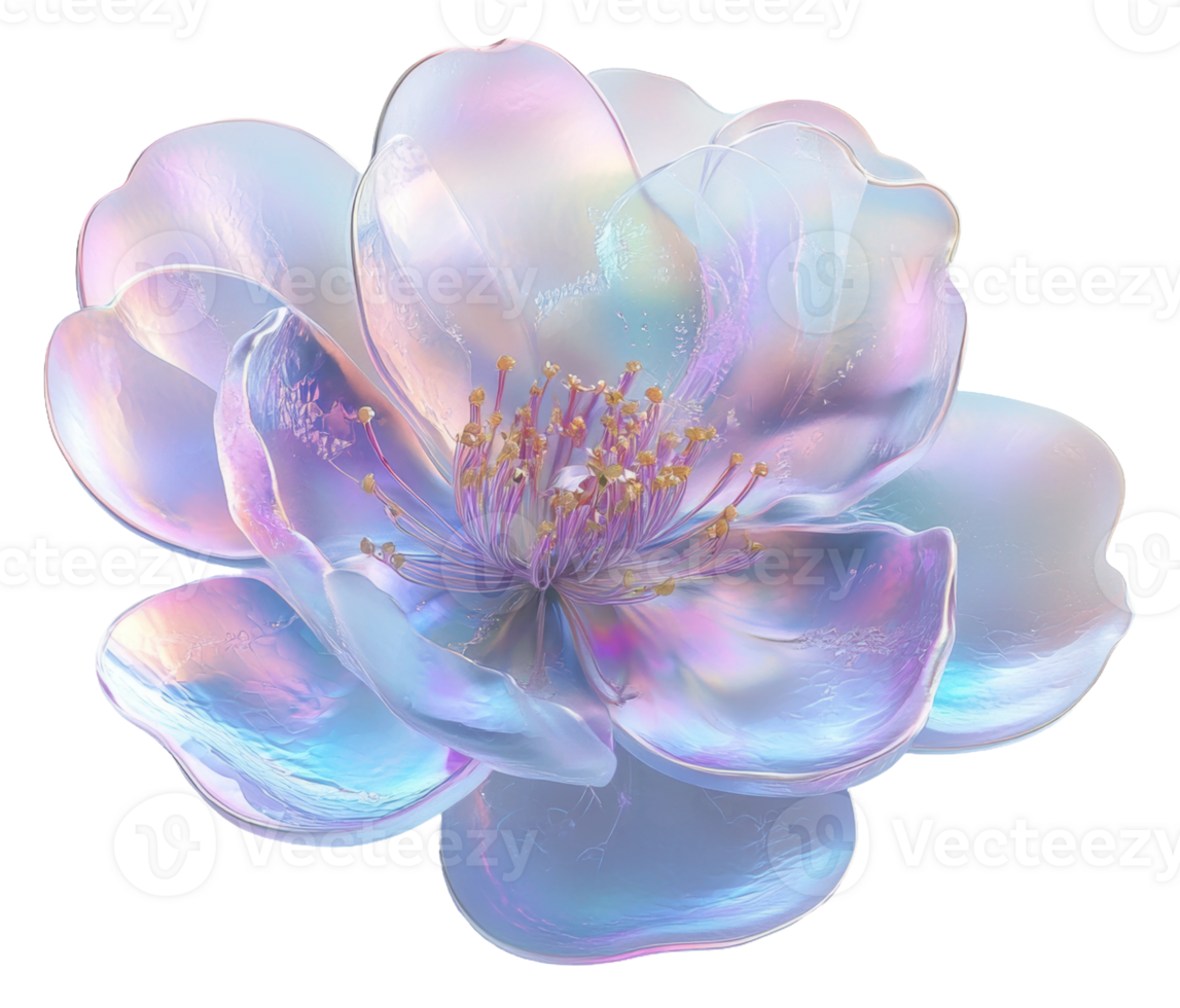 Ethereal translucent flower in shimmering pastel colors with intricate golden stamens, cut out - stock . png