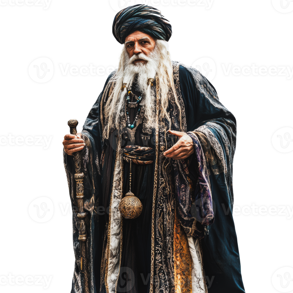Wise elder dressed in ornate robes with staff png