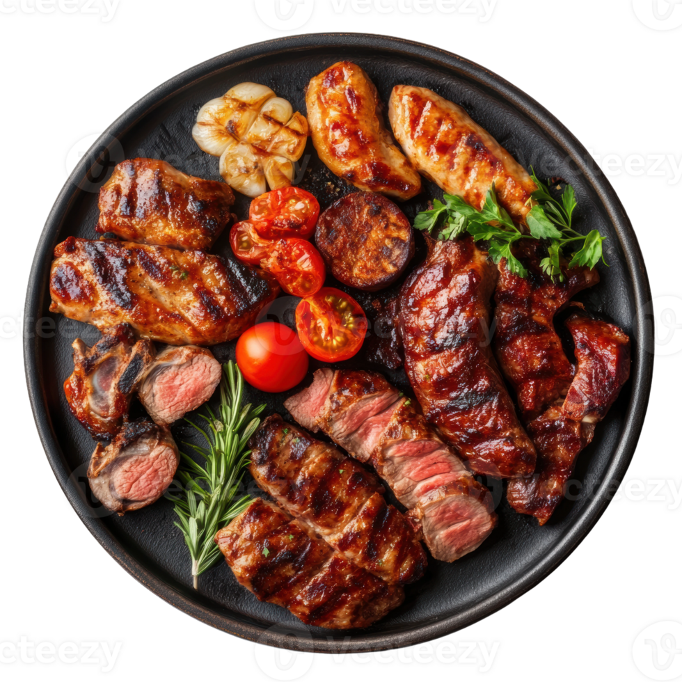 Grilled meat platter with assorted cuts and garnishes served on a black plate, cut out - stock . png