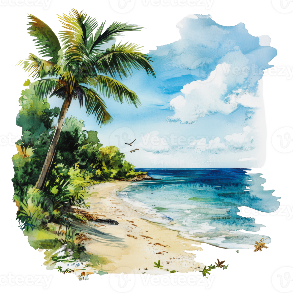 Tropical beach with palm trees and blue ocean png