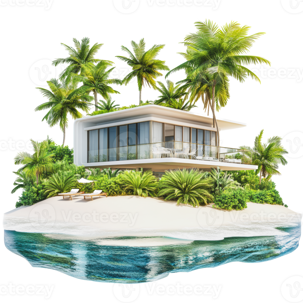 Modern beachfront house surrounded by palm trees png