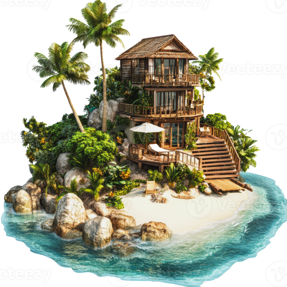 Sunset wooden house on tropical island png
