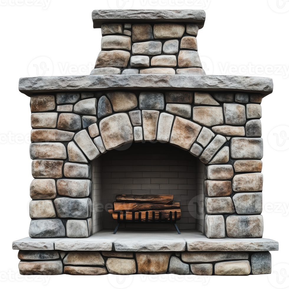 Stone fireplace in a rustic setting png